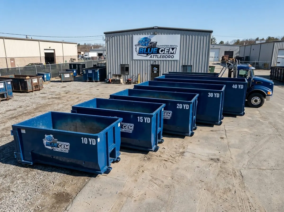 Blue Gem Dumpster Rental roll-off truck and container on a Attleboro, MA street